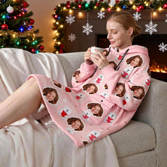 Custom Face Blanket Hoodie – Personalized Wearable Blanket with Photo – Cozy Oversized Hoodie, Christmas Gift
