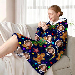 Custom Face Blanket Hoodie – Personalized Wearable Blanket with Photo & Gingerbread Man – Cozy Oversized Hoodie, Christmas Gift