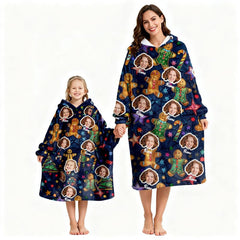Custom Face Blanket Hoodie – Personalized Wearable Blanket with Photo & Gingerbread Man – Cozy Oversized Hoodie, Christmas Gift