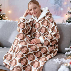 Custom Face Flannel Blanket Hoodie – Personalized Wearable Flannel Hoodie with Photo Print – Cozy Oversized Hoodie, Funny Gift for Christmas, Valentine’s Day, Birthday
