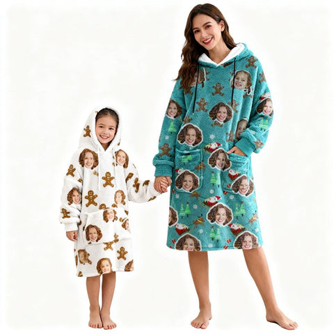 Personalized Santa Print Wearable Blanket Hoodie – Cozy Fleece Flannel Hooded Blanket for Women, Men, Teen Girls – Fun Christmas Gift