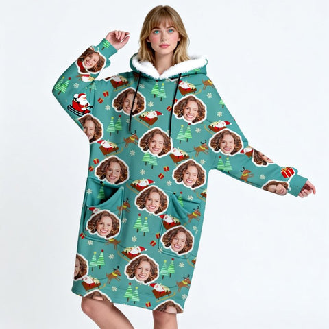 Personalized Santa Print Wearable Blanket Hoodie – Cozy Fleece Flannel Hooded Blanket for Women, Men, Teen Girls – Fun Christmas Gift