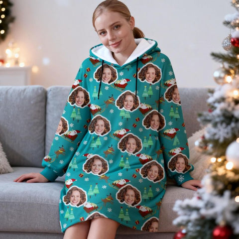 Personalized Santa Print Wearable Blanket Hoodie – Cozy Fleece Flannel Hooded Blanket for Women, Men, Teen Girls – Fun Christmas Gift