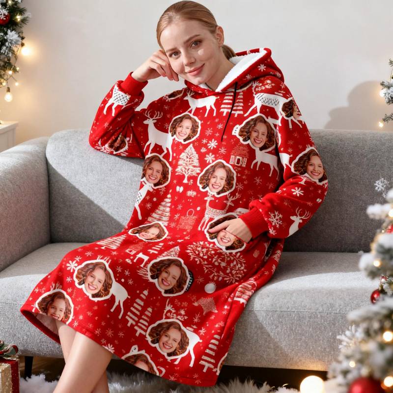 Personalized Christmas Wearable Blanket Hoodie – Hooded Blanket Patterns with Reindeer, Snowflakes, Geometric & Tree Patterns