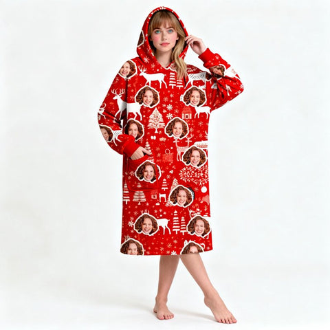Personalized Christmas Wearable Blanket Hoodie – Hooded Blanket Patterns with Reindeer, Snowflakes, Geometric & Tree Patterns