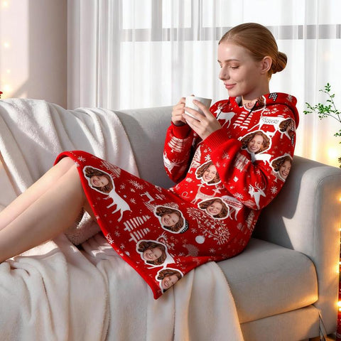Personalized Christmas Wearable Blanket Hoodie – Hooded Blanket Patterns with Reindeer, Snowflakes, Geometric & Tree Patterns