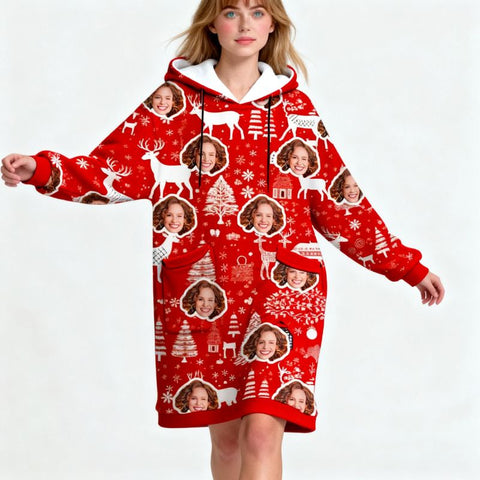 Personalized Christmas Wearable Blanket Hoodie – Hooded Blanket Patterns with Reindeer, Snowflakes, Geometric & Tree Patterns