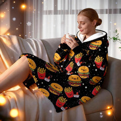 Custom Name Wearable Blanket Hoodie – Funny Food Print, Cozy Fleece Flannel Sweatshirt for Women, Men, Teen Girls – Fun Christmas Gift