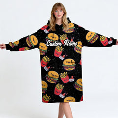 Custom Name Wearable Blanket Hoodie – Funny Food Print, Cozy Fleece Flannel Sweatshirt for Women, Men, Teen Girls – Fun Christmas Gift
