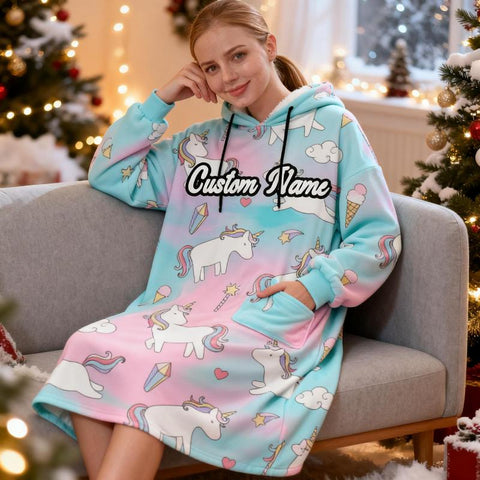 Custom Name Candy Tie Dye Wearable Blanket Hoodie – Unicorn, Whale & Zebra Print, Cozy Fleece Flannel, Fun Christmas Gift