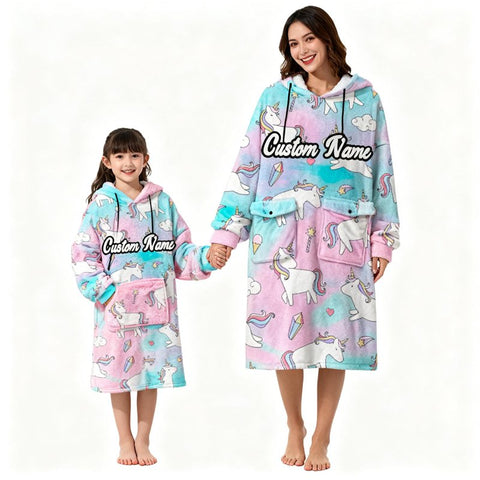 Custom Name Candy Tie Dye Wearable Blanket Hoodie – Unicorn, Whale & Zebra Print, Cozy Fleece Flannel, Fun Christmas Gift