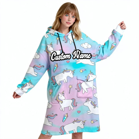 Custom Name Candy Tie Dye Wearable Blanket Hoodie – Unicorn, Whale & Zebra Print, Cozy Fleece Flannel, Fun Christmas Gift
