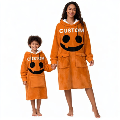 Halloween Custom Name Wearable Hoodie Blanket – Black & Orange Emoji Face Design