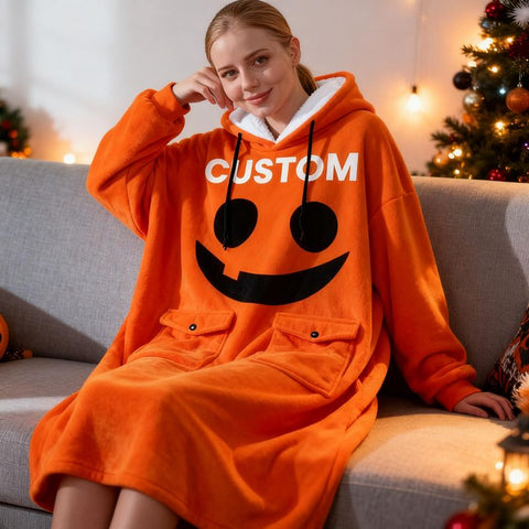 Halloween Custom Name Wearable Hoodie Blanket – Black & Orange Emoji Face Design