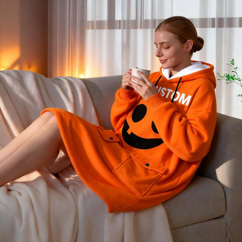 Halloween Custom Name Wearable Hoodie Blanket – Black & Orange Emoji Face Design