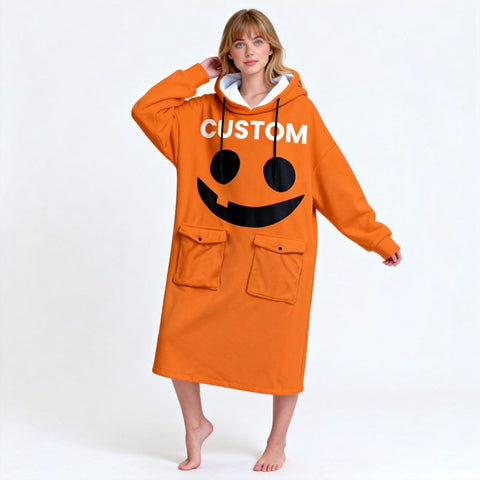 Halloween Custom Name Wearable Hoodie Blanket – Black & Orange Emoji Face Design