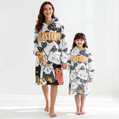 Custom Halloween Hooded Blanket with Name – Personalized Cat & Pumpkin Cozy Gift for Kids & Adults