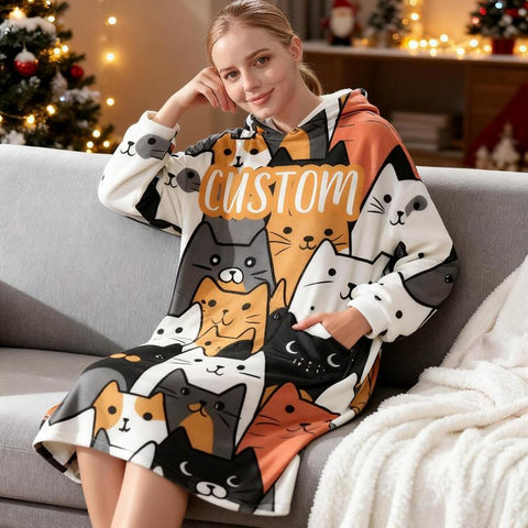 Custom Halloween Hooded Blanket with Name – Personalized Cat & Pumpkin Cozy Gift for Kids & Adults