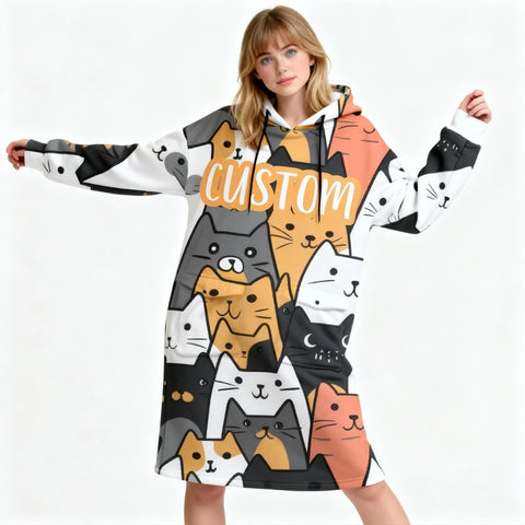 Custom Halloween Hooded Blanket with Name – Personalized Cat & Pumpkin Cozy Gift for Kids & Adults