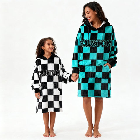 Custom Hooded Blanket – Personalized Checkered Blanket Hoodie for Christmas Gift