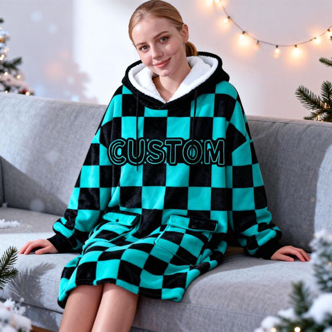 Custom Hooded Blanket – Personalized Checkered Blanket Hoodie for Christmas Gift