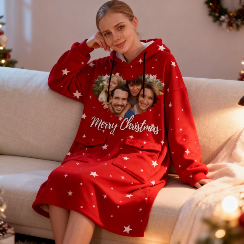 Custom Photo Blanket Hoodie – Personalized Face Blanket Hoodie for Christmas Gift