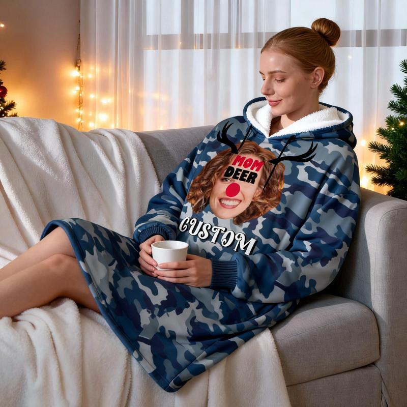 Custom Reindeer Family Christmas Blanket Hoodie – Personalized Photo & Name