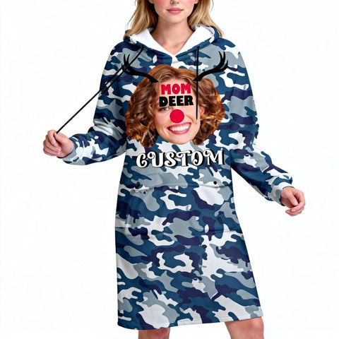 Custom Reindeer Family Christmas Blanket Hoodie – Personalized Photo & Name