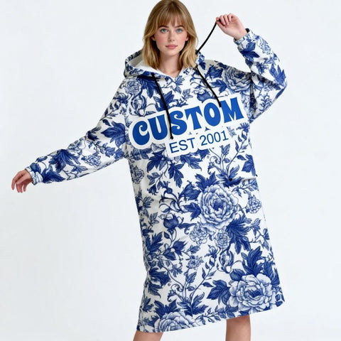 Custom Name & EST Hoodie Blanket, Blue and White Porcelain Inspired Wearable Blanket, Oversized Cozy Christmas Gift, Chinese Chinoiserie Style