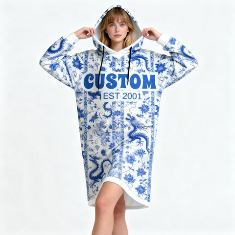 Custom Name & EST Hoodie Blanket, Blue and White Porcelain Inspired Wearable Blanket, Oversized Cozy Christmas Gift, Chinese Chinoiserie Style