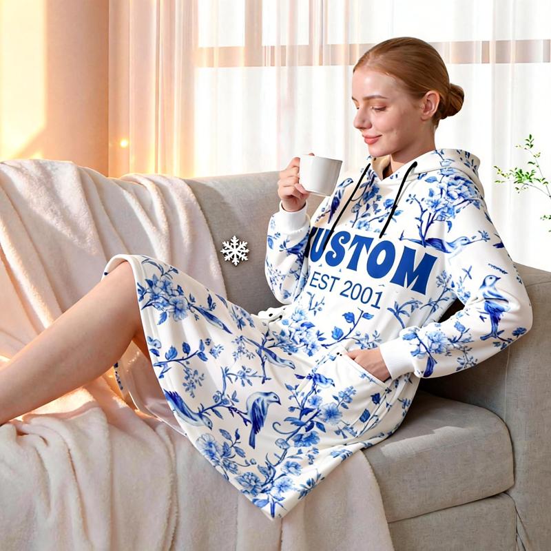 Custom Name & EST Hoodie Blanket, Blue and White Porcelain Inspired Wearable Blanket, Oversized Cozy Christmas Gift, Chinese Chinoiserie Style