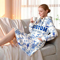 Custom Name & EST Hoodie Blanket, Blue and White Porcelain Inspired Wearable Blanket, Oversized Cozy Christmas Gift, Chinese Chinoiserie Style