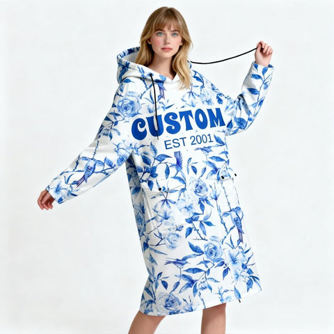 Custom Name & EST Hoodie Blanket, Blue and White Porcelain Inspired Wearable Blanket, Oversized Cozy Christmas Gift, Chinese Chinoiserie Style